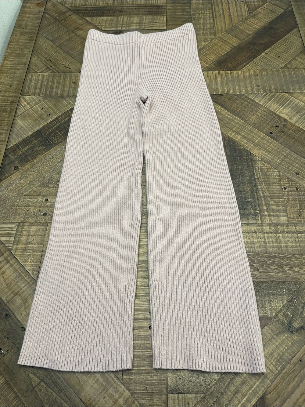 Pink Rose Ribbed Wide-Leg Knit Pants in Pale Pink